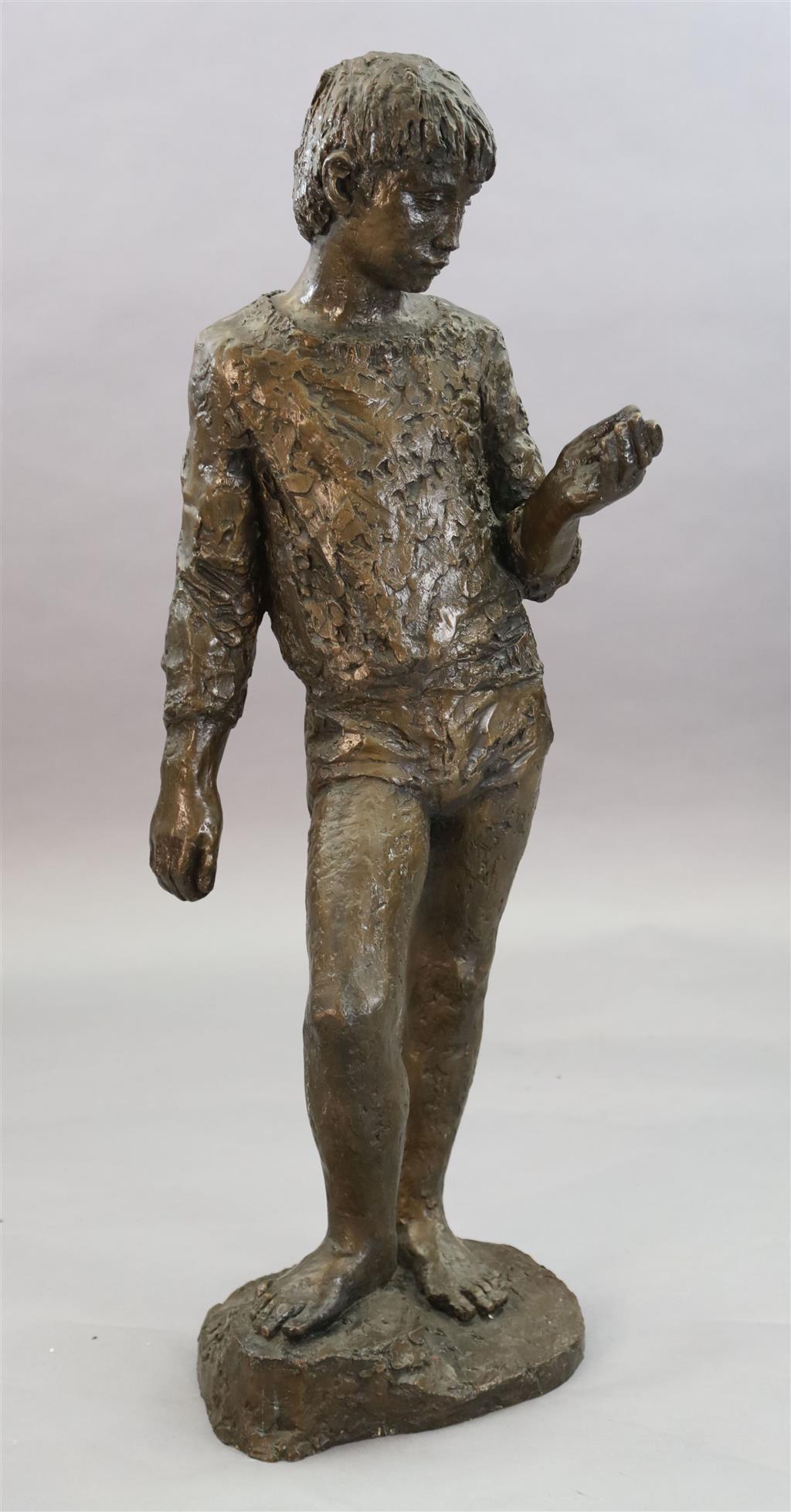 § Karin Jonzen (1914-1998). A bronze figure of a standing boy holding an ammonite shell, height 44in.